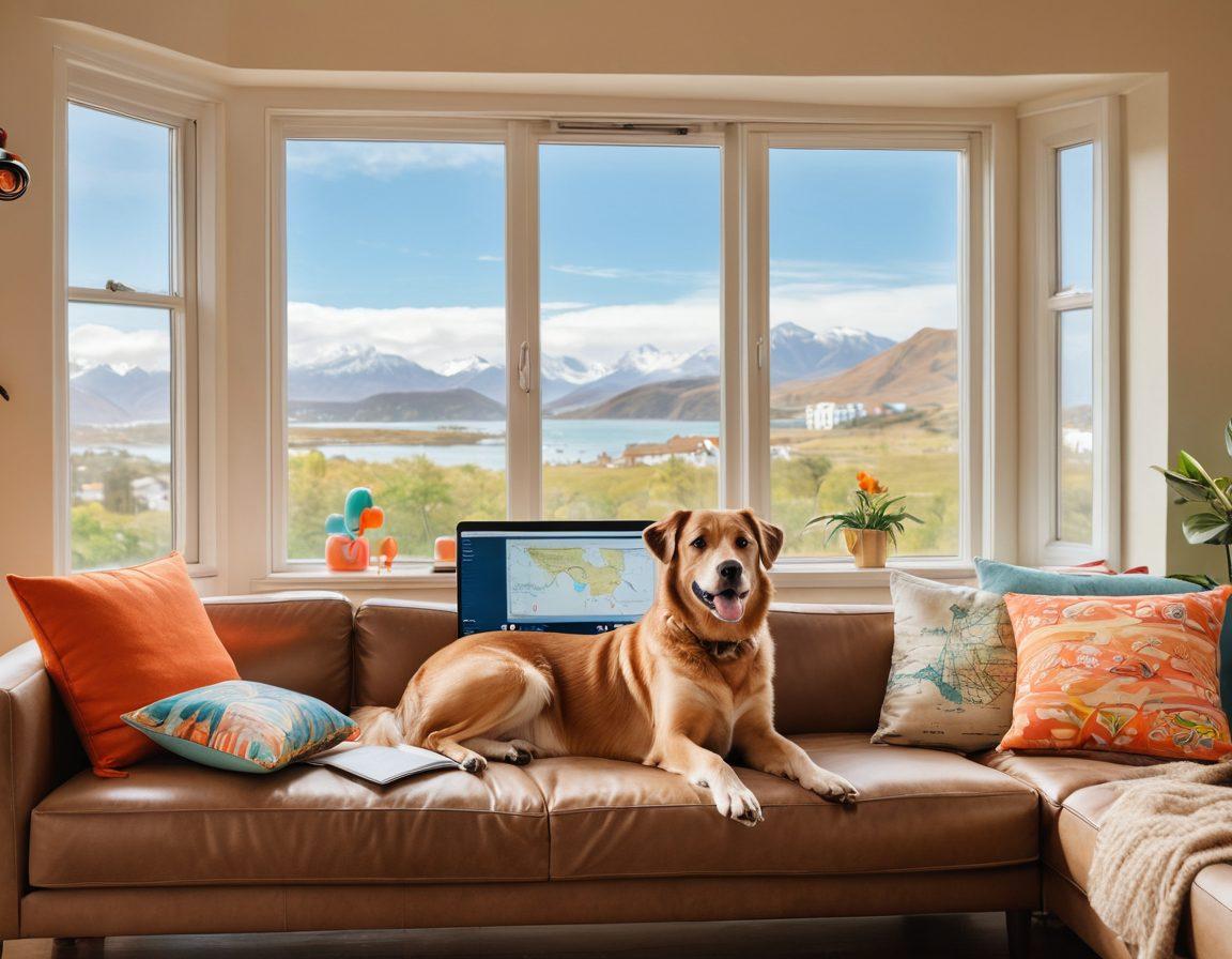 A cozy living room featuring a happy dog lounging on a sofa, with a bright window showcasing a beautiful vacation view. In the foreground, a laptop open displaying various pet-friendly vacation rentals. Include playful toys scattered around, and a map with pins on pet-friendly locations. Whimsical style with warm colors and inviting atmosphere.