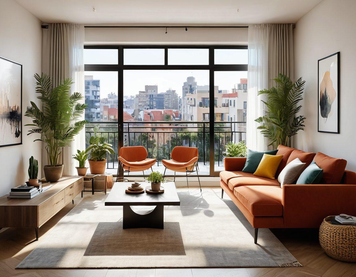 An inviting, beautifully designed apartment interior showcasing a spacious living room with modern furniture, large windows allowing natural light, potted plants enhancing the warmth, and a cozy balcony view. Ideal ambiance reflecting comfort and style, with illustrations of diverse individuals exploring various apartment spaces. bright colors. super-realistic. elegant design.