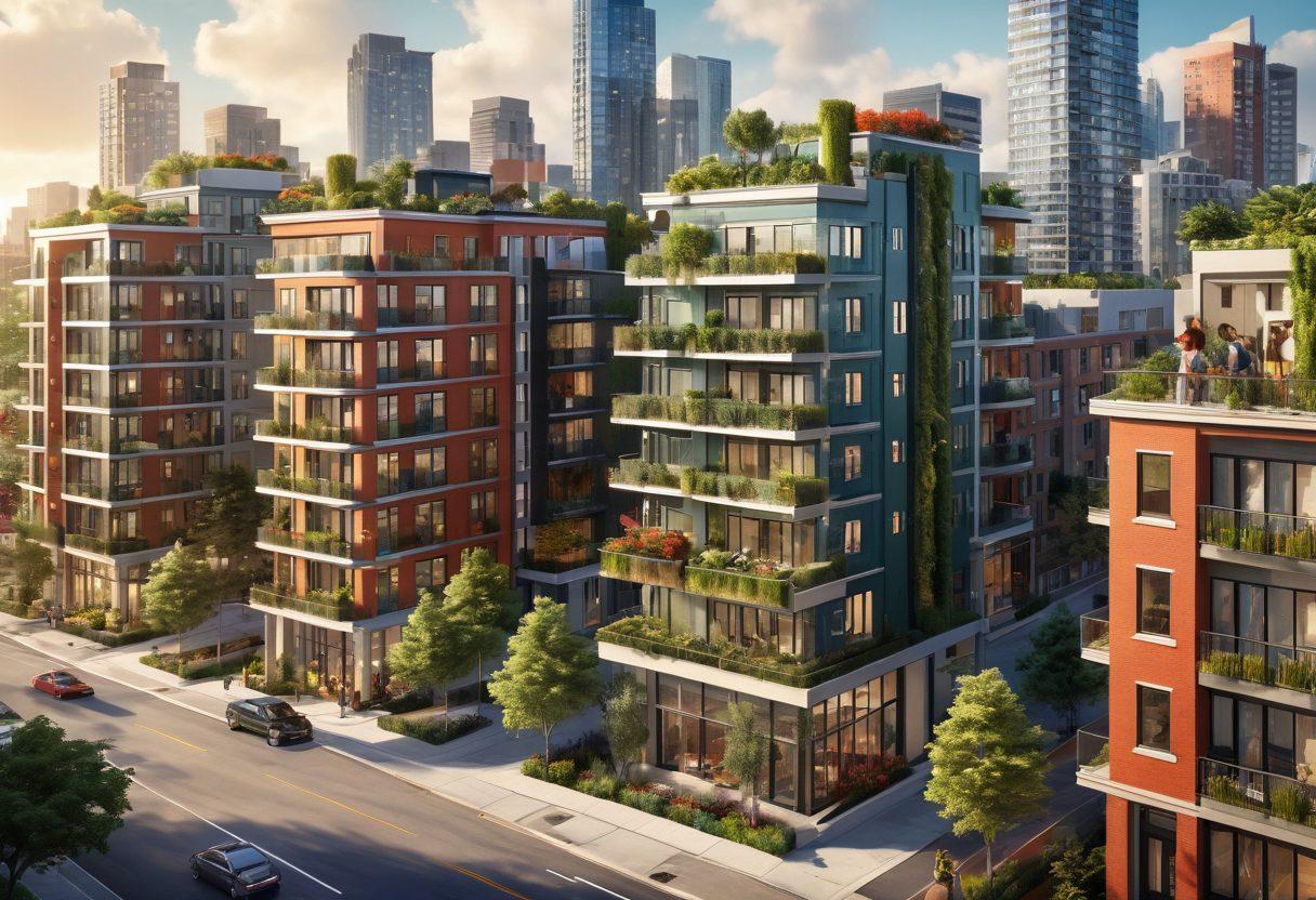 A dynamic city skyline showcasing a variety of housing options ranging from affordable studios to luxurious condominiums. Include diverse people interacting in the foreground, representing different lifestyles and backgrounds. Use vivid colors to depict a lively urban atmosphere with greenery and community spaces incorporated. Highlight architectural details of both affordable and luxury homes in contrasting styles. vibrant colors. super-realistic.